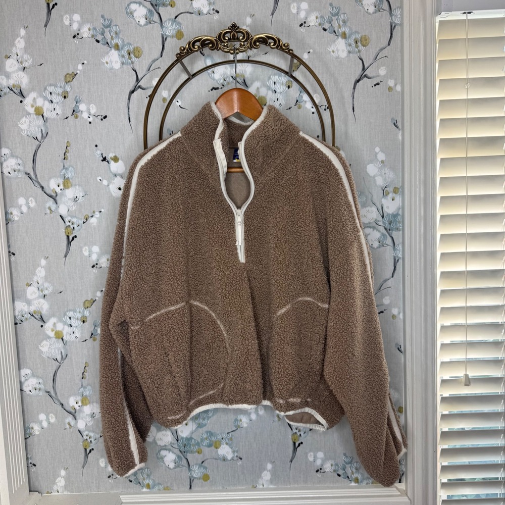 Old Navy Womens Brown Sherpa Fleece Quarter Zip Pullover Jacket Large